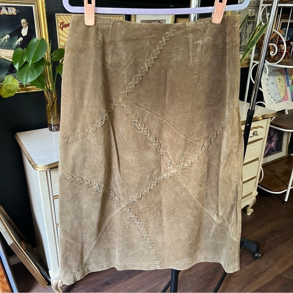 Vintage Faded Glory Asymmetrical Brown Suede Leather Skirt Patchwork Size 14 - Picture 5 of 6